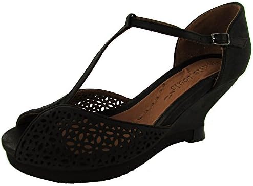 Gentle Souls Womens Hour Of T-Strap Wedge Sandal Shoe, Black, US 8.5