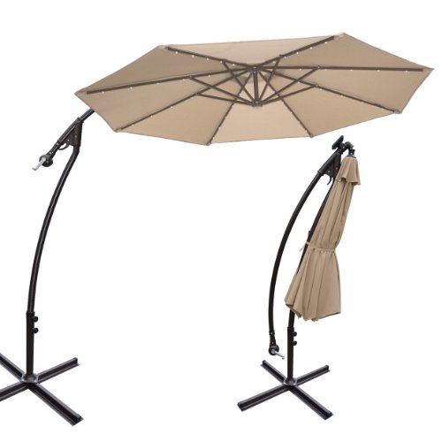 STRONG CAMEL 9' CANTILEVER SOLAR 40 LED LIGHT PATIO UMBRELLA OUTDOOR GARDEN ALUMINIUM MARKET-BEIGE