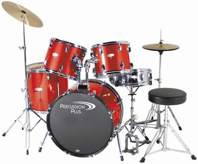 Percussion Plus Deluxe Beginner 5-Piece Drum Set w Cymbals and Throne - Metallic Red