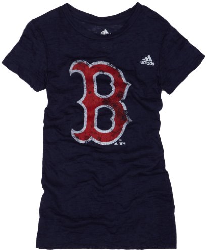 MLB Girls' Boston Red Sox Short Sleeve Longer Length Burnout Tee, Navy, Large