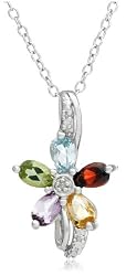 Sterling Silver Multi-Gemstone and Diamond Accent Flower Pendant, 18"