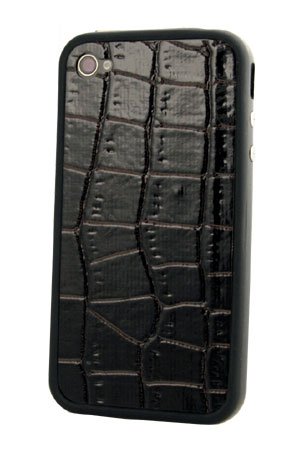 iPhone 4 and 4S Luxury PU Leather Skin Back Glass Protector - Black Crocodile (Compatible with Bumper Case)