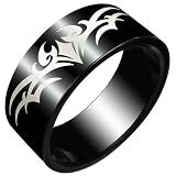 New Gents Black Stainless Steel Band Ring with Design, 8mm Wide.