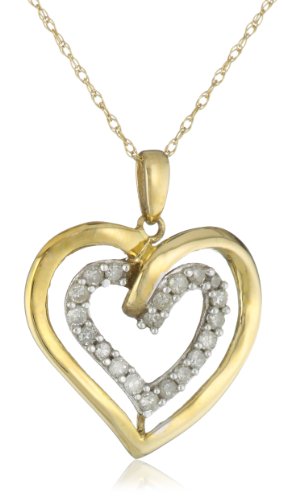 10k Yellow Gold 1/4 cttw Diamond Double Heart Pendant Necklace, 18″