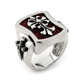 925 Silver Red Stingray Leather Christian Cross Ring