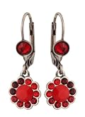 Michal Negrin Dangle Flower Silver Plated Earrings Crafted with Red and Bordeaux Swarovski Crystals; Handmade in Israel
