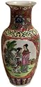 Delicate Porcelain Hand Painted Oriental Vase -Courtly Lady Scenery with Floral Borders, 8"h