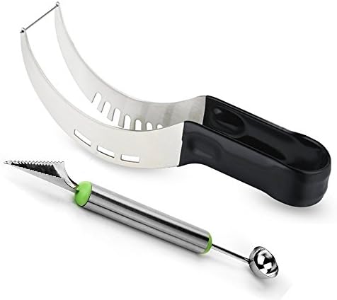 Life Perfect Stainless Steel Watermelon Slicer Corer &amp; Cutter Knife Peeler + Melon Server with FREE Bonus Melon Baller and Fruit Carving Knife, Children Safe, Dishwasher safe