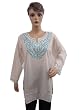 Turquoise Hand Embroidered Womens White Cotton Kurti Tunic Top M