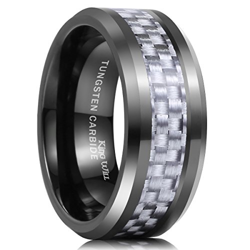 King Will 8mm Black Tungsten Silver Carbon Fiber Inlay High Polished Finish Wedding Band Ring (10)