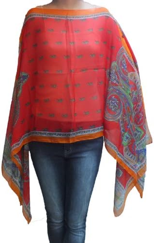 Scarf Caftan Tunic Poncho Cover-up, Paisley Print, Red Color