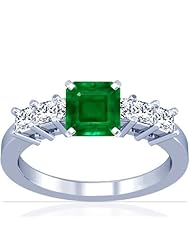 14K White Gold Emerald Cut Emerald Ring With Sidestones