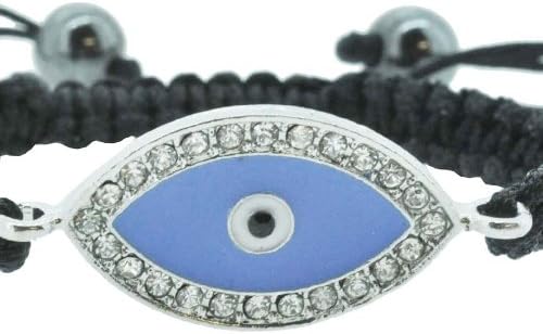 Rhinestone Beads Inlaid Evil Eye Draw String Macrame Bracelet (Blue)
