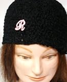 Hand Crocheted Black100% Rayon Chenille and Gimp Skull Cap for Women and Teens Trimmed with Customer Chosen Pink Monogram Letter