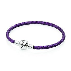 CAITS-PANDORA � , PURPLE LEATHER PANDORA STYLE CHARM BRACELET. 20CM LENGTH