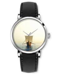 SPRAWL Aanalog Fashion Series Silver Ladies Watches of Genuine Black Leather Strap,Unique Wrist Watch for Women Girls Designed with Ship at sea