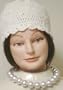 Hand Crocheted White Chenille and Gimp Tweed Skull Cap Offered with Simulated White Large Pearl Short Chain on Silver Plated Necklace Earrings on Clips