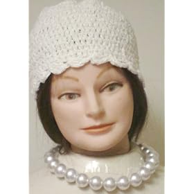 Hand Crocheted White Chenille and Gimp Tweed Skull Cap Offered with Simulated White Large Pearl...