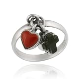 Silver DANGLING Heart Cross Coral Onyx Ring 7