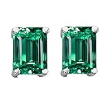 3.00 cttw 14K White Gold Plated 925 Sterling Silver and Simulated Emerald Cut Emerald Earrings