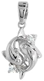 Sterling Silver Jeweled Dolphin Pendant, w/ Cubic Zirconia stones, 5/8 (16mm)