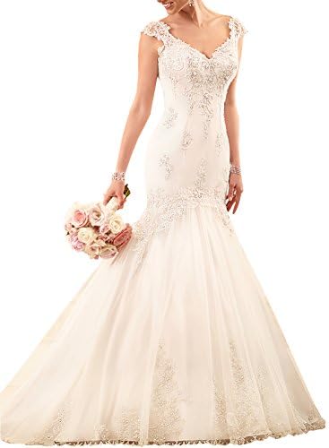 Harshori V Neckline Cap Sleeves Flared Skirt Falls Tulle Wedding Dress 20 Ivory