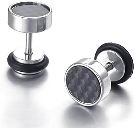 WVICTOR Jewelry Mens Stainless Steel Carbon Fiber Stud Earrings, 8mm, Black Silver
