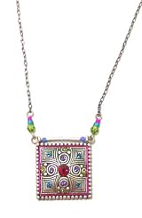 Firefly Antique Steel Pillow Spiral Square Pendant Necklace with Multi-Color Swarovski Crystal and Czech Bead Accents
