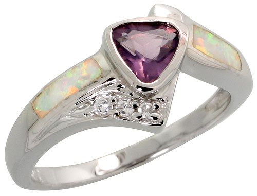 Sterling Silver, Synthetic Opal Inlay Ring, w/ Trillion Cut Amethyst CZ & Brilliant Cut CZ stone Accents, 7/16\