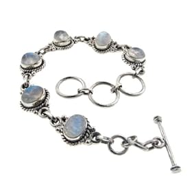 Sterling Silver Oval Rainbow Moonstone Toggle Bracelet Adjustable 7 by 