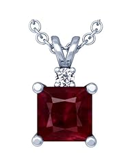 14K White Gold Princess Cut Ruby And Round Diamond Pendant