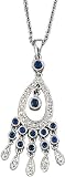 14K White Gold Hand-Crafted Designer Chandelier Pendant, Enhanced with Pave Set Diamonds and Precious Sapphire Stones, Sliding on a 16'' Cable-Chain Necklace.(GH-Color, SI-Clarity, c.t.t.w. 0.13CT. Sapphire 0.48CT).