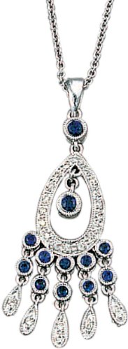 14K White Gold Hand-Crafted Designer Chandelier Pendant, Enhanced with Pave Set Diamonds and Precious Sapphire Stones, Sliding on a 16'' Cable-Chain Necklace.(GH-Color, SI-Clarity, c.t.t.w. 0.13CT. Sapphire 0.48CT).