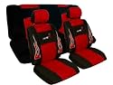 A Set of Low Back Type R Flame Racing Style Front Bucket Seat Covers, Head Rest Cover, Bench Seat Cover, Steering Wheel Cover and Shoulder Strap Cover - Red