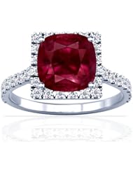 14K White Gold Cushion Cut Ruby Ring With Sidestones