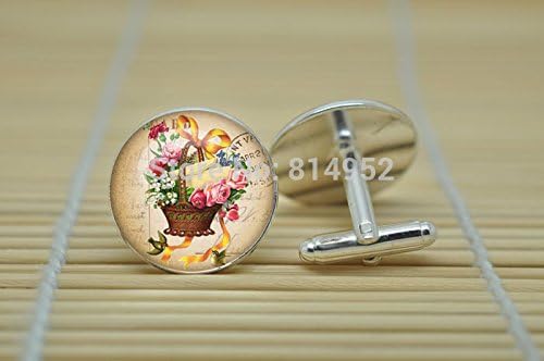 Pretty Lee Flower Jewelry Ephemera French Postcard Cufflinks In Silver Glass Cabochon Cuff Links C1551