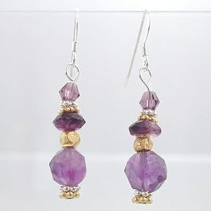 Faceted Amethyst Gemstone Bead Dangle Earrings with Gold Vermeil and Sterling Silver Accents, #9434