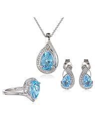 Sterling Silver Pear Blue Topaz and Diamond Ring, Pendant Necklace, Earrings Box Set, Size 7