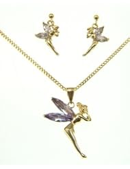 Kala-isjewels- 18ct Gold Plated Ladies Lavender CZ color Fairies Pendant(1") and Earrings (0,78" )Set and Chain (17,71" ).