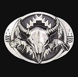 Pewter Belt Buckle - Buffalo Skull/Bisons (Diamond Cut) - Pewter Belt Buckle