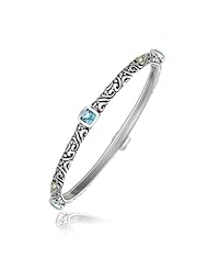 18K Yellow Gold and Sterling Silver Square Blue Topaz Stationed Fancy Bangle