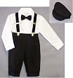 Infants & Toddlers 5-pc Knickers-length Pants Outfit Tuxedo Style with Velvet Suspenders, Bowtie, Newsboy Cap