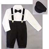 Infants & Toddlers 5-pc Knickers-length Pants Outfit Tuxedo Style with Velvet Suspenders, Bowtie, Newsboy Cap