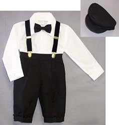 Infants & Toddlers 5-pc Knickers-length Pants Outfit Tuxedo Style with Velvet Suspenders, Bowtie, Newsboy Cap