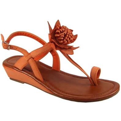 Womens Low Wedge Heel Bright Orange Flower Petal Sandals: Amazon ...