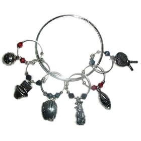 Wine Glass Charms set~Silvertone Sports Themed~ Basketball net, Football, Tennis Rackets, Baseball Mitt, Soccer Ball, Golf Clubs
