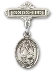 Sterling Silver Baby Badge with St. Albert the Great Charm and Godchild Badge Pin. Saint Albert the Great Is the Patron Saint of Scientists & Philosophers.
