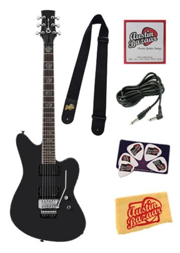Charvel Desolation Skatecaster SK-1 FR Electric Guitar Bundle with Nylon Strap, 10-Foot Cable, Strings, Pick Card, and Polishing Cloth - Flat Black, Rosewood Fretboard