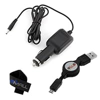 GTMax Extra Long Cord Car Charger Power Supply plus Retractable Micro-USB Data Cable for Acer Iconia A100 A200 A500 A501 Tab Android Windows Tablet with *Cable Tie*