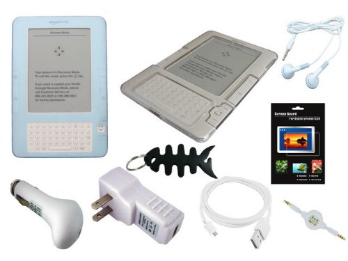 41qPldd2ILL Amazon Kindle 2 (2ND Generation) Premium Accessories Bundle includes:( Blue Silicone Skin case + Snap ON Hard Clear Crystal case + USB Car Charger + USB Travel Charger + White USB Straight Data Cable + white 3.5mm retractable Aux cable + LCD Screen Protector + White Stereo earphone + Fishbone Keychain)
